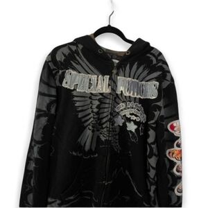 Ed Hardy Vintage "USMC Special Forces" Patchwork All Over Print Hooded Jacket.